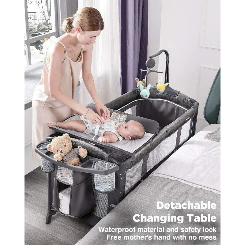 Детская кроватка ADOVEL, кроватка для новорожденных, с матрасом, чейнджем для подгузников и игровой установкой, от новорожденных до малышей, серого цвета