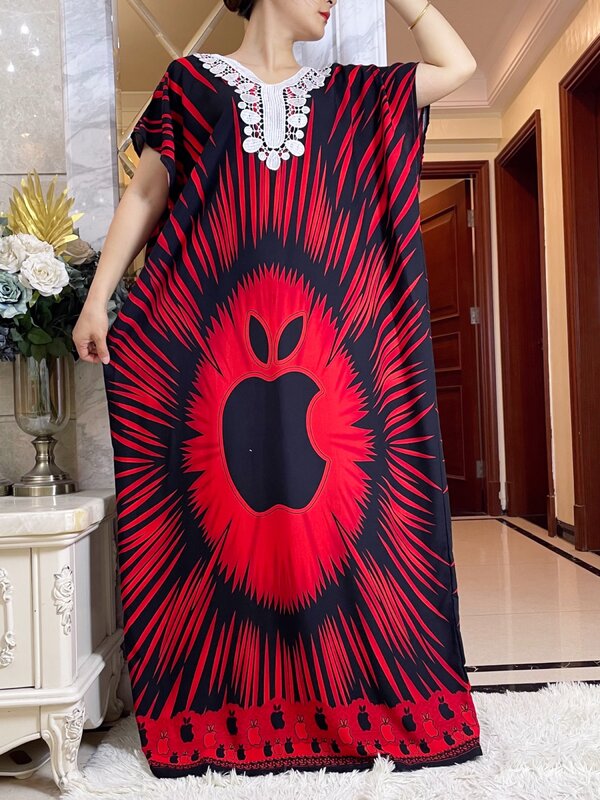 2024Women Summer Dress Solid Cotton Short Sleeve Loose Maxi Robe Floral Femme Musulmane African Dashiki Printed Floral Dress