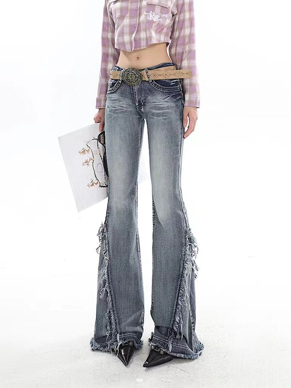 Amerikaanse Retro Y 2K Flare Jeans Gekrast Slanke Bell Bottoms Vrouwen Mode Gyaru Denim Broek Raw Edge Broek Hiphop High Street
