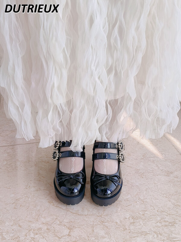 Japanese Style Sweet Girls Mine Ins Retro Platform High Heel Cute Rhinestone Mary Jane Lolita Black All-matching Women's Shoes