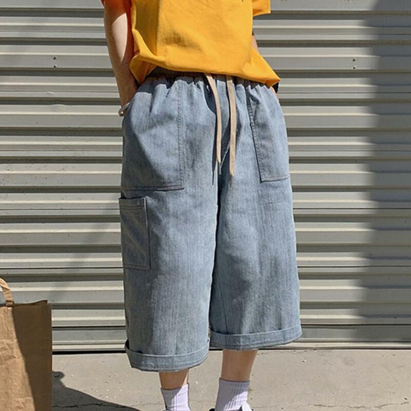 Męskie letnie dżinsy luźne prosta szeroka nogawki jeansowe szorty z głębokim kroczem z elastycznym pasem męskie spodnie Cargo