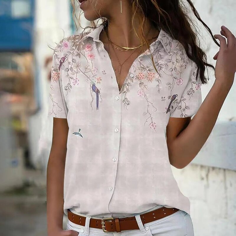 Blusa floral feminina de manga curta, streetwear Y2K, tops elegantes de botões, camisa estampada em 3D, 2024