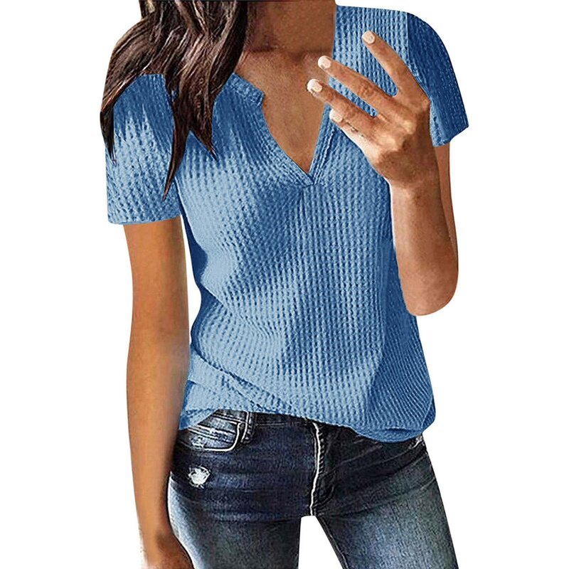 Women's Summer Waffle Short Sleeved Waist Tops V-neck Solid Color Loose Fitting Shirts Fashion Casual Ladies Shirt Blouses