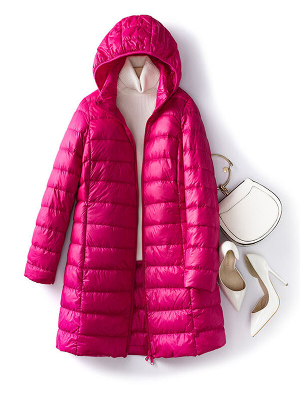 여성용 슬림 모자 탈착식 화이트 덕 다운 코트, 휴대용 겉옷 90%, 초경량 롱 여성 다운 재킷, 2023 가을, 겨울