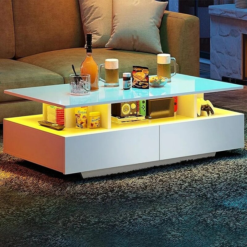 โต๊ะกาแฟ LED มันวาวสูงสำหรับห้องนั่งเล่นโต๊ะกลางพร้อมชั้นวางของในห้องน้ำเปิดและลิ้นชักเลื่อนสีขาว