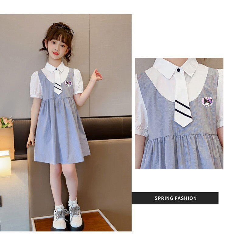 Anime Sanrio Cinnamoroll Kuromi Girls Dresses Summer New Cartoon abito da principessa a maniche corte Big Kid Fake Two Pieces Back Dress