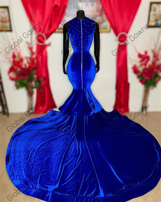 Sparkly Royal Blue O Neck Long Prom Dress For Black Girls 2023 Sequined Celebrity Dresses Beaded Birthday Party Gowns Mermaid