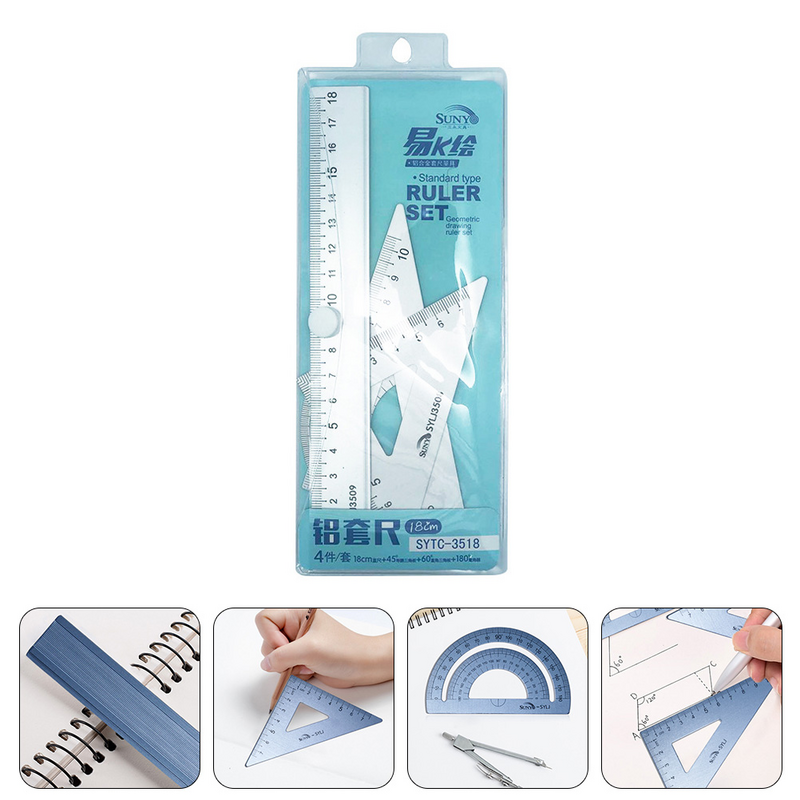 Student Ruler Set Kids School Supply Multi-function Protractor Metal Geometry Portable Triangle Aluminum Alloy