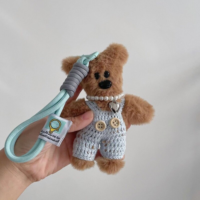 Aksesori tas anak Wanita gantungan kunci mainan boneka beruang kecil lucu 15cm liontin kartun antijatuh rantai kunci mobil lucu