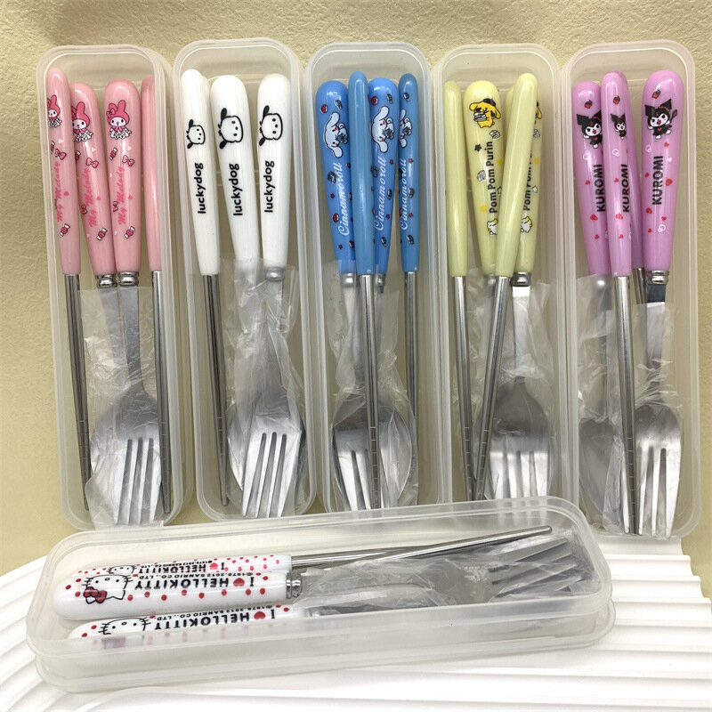 Sanrio Spoon Fork Chopstick Tableware Sets Pochacco Kuromi Mymelody 3Piece Cartoon Cutlery Set Outdoor Portable Anime Tableware