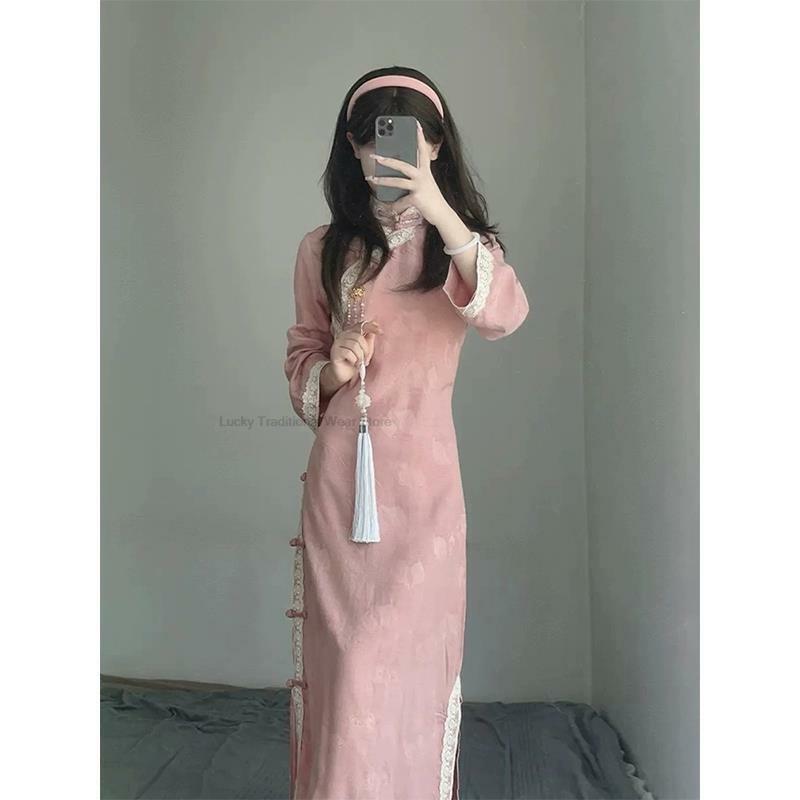 Женское кружевное платье-Ципао, розовое платье в китайском стиле, элегантное платье в азиатском стиле для весны