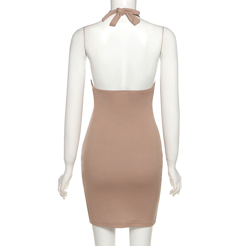 Fashion 2024 gaun Bodycon Y2k seksi musim semi baru gaun tanpa lengan leher V dalam Halter wanita gaun Mini warna Solid wanita
