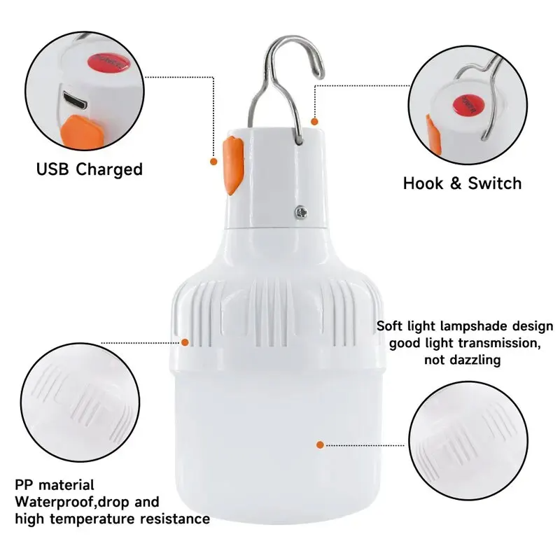 Lampe de camping LED haute puissance, lanternes portables rechargeables, éclairage de tente de barbecue d'urgence extérieur, ampoule avec crochet, 200W, 80W, 60W