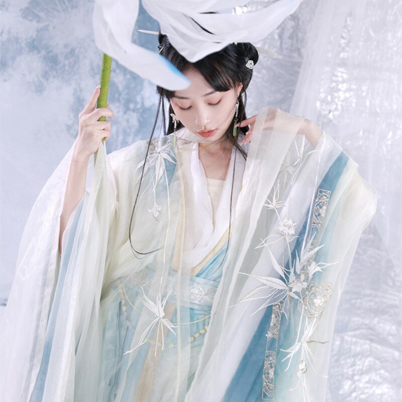 Vestuário tradicional chinês Han feminino, camisa longa, terno legal de impressão dupla camada