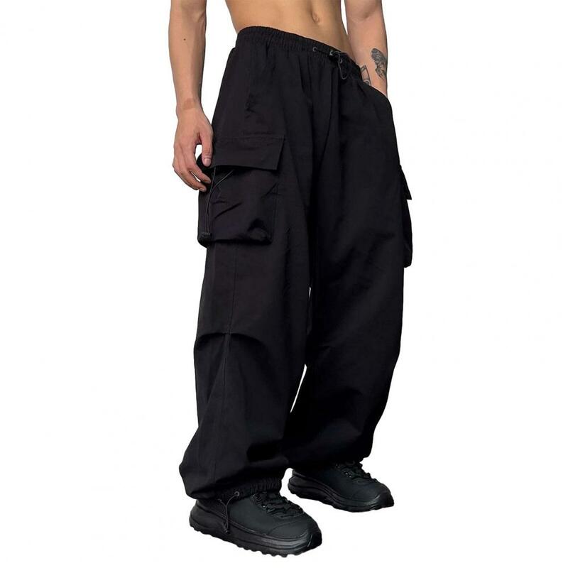 Spodnie z wieloma kieszeniami męskie spodnie Cargo z z wieloma kieszeniami elastyczny, wysoki talią głębokie krocze stylowe spodnie Streetwear na biodro