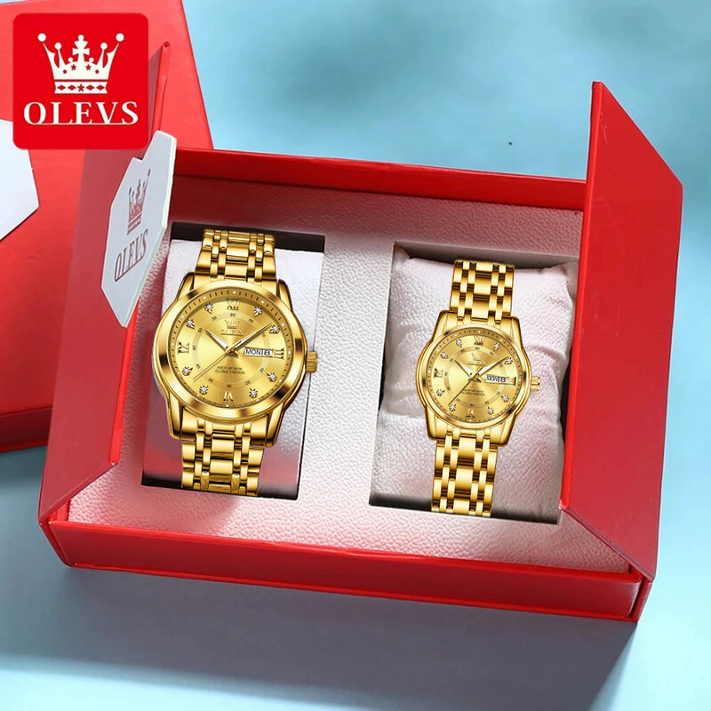 OLEVS-Montre de couple en acier inoxydable pour hommes et femmes, montre-bracelet à quartz étanche, calendrier de luxe, amoureux de la mode, coffret cadeau, 5513