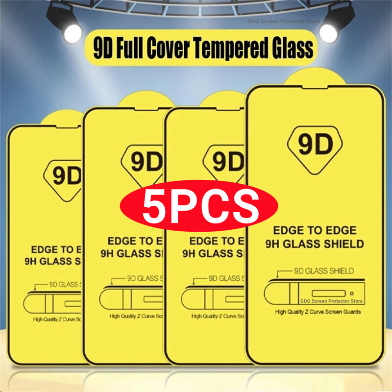 Protetor de tela de vidro temperado para iPhone, 9D protetor, iPhone 14, 13, 12, 11 Pro Max, Mini, 7, 8 Plus, 11, 15, XR, XS, MAX, 5pcs