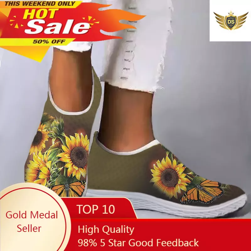 Zapatos sepatu loafer kupu-kupu bunga matahari, sneaker kasual luar ruangan jalan bersirkulasi ringan musim panas