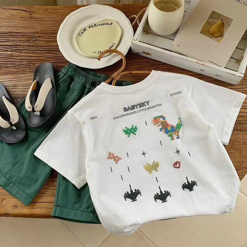 ChildrenTT-shirt2024Summer nouveau arc-en-ciel dinosaure garçon ShortTDessin animé pour enfants imprimé à manches courtes G0125-WS