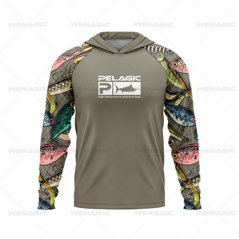 Pelagic Gear Fishing Apparel for Men, camiseta de manga comprida, camisa de peixe, proteção solar, respirável, roupas com capuz, verão