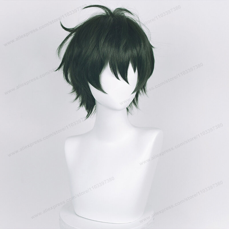 Peluca de Cosplay de Anime ES Mika Kagehira, pelo verde oscuro de 30cm, pelucas de Kagehira Mika, cabello sintético resistente al calor + gorro de peluca