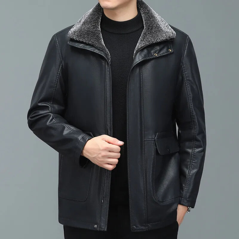 Casaco de couro genuíno masculino, comprimento médio lapela, pele de carneiro, jaqueta de negócios casual, inverno, ZDT-8035