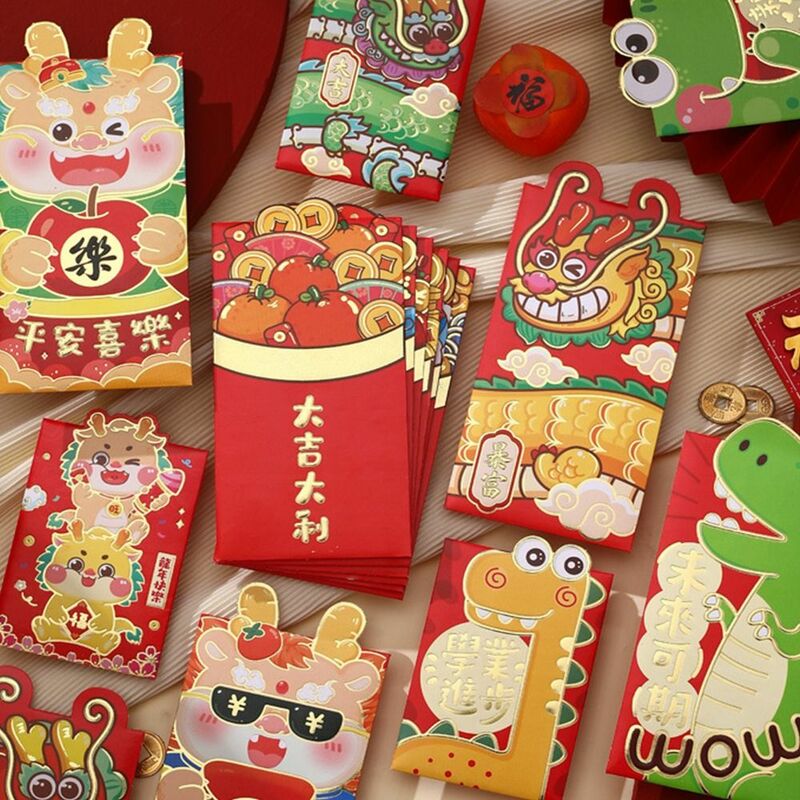 Enveloppes rouges Nouvel An chinois pour la décoration du festival du printemps, enveloppe porte-bonheur, paquet rouge, année du dragon 2024, 14-bao, 6 pièces