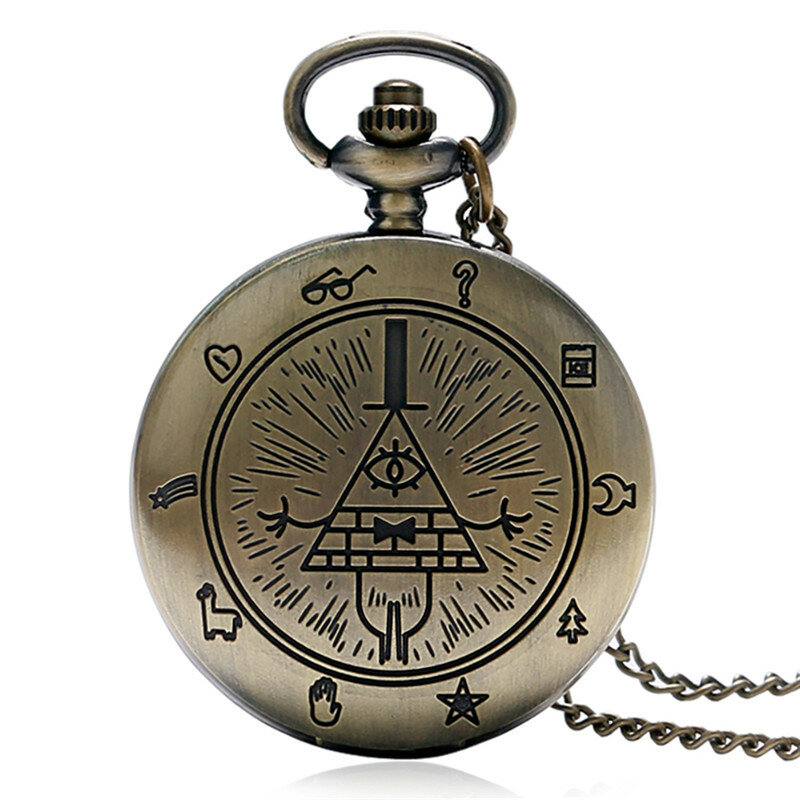 Bronzo antico triangolo Design Full Hunter orologio da tasca analogico al quarzo per uomo donna con maglione collana catena orologio Reloj