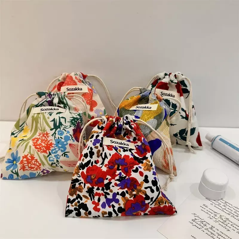 DE8-bolsas pequeñas de algodón con cordón Floral, organizador de maquillaje y pintalabios, bolsillo para monedas, monedero y llaves