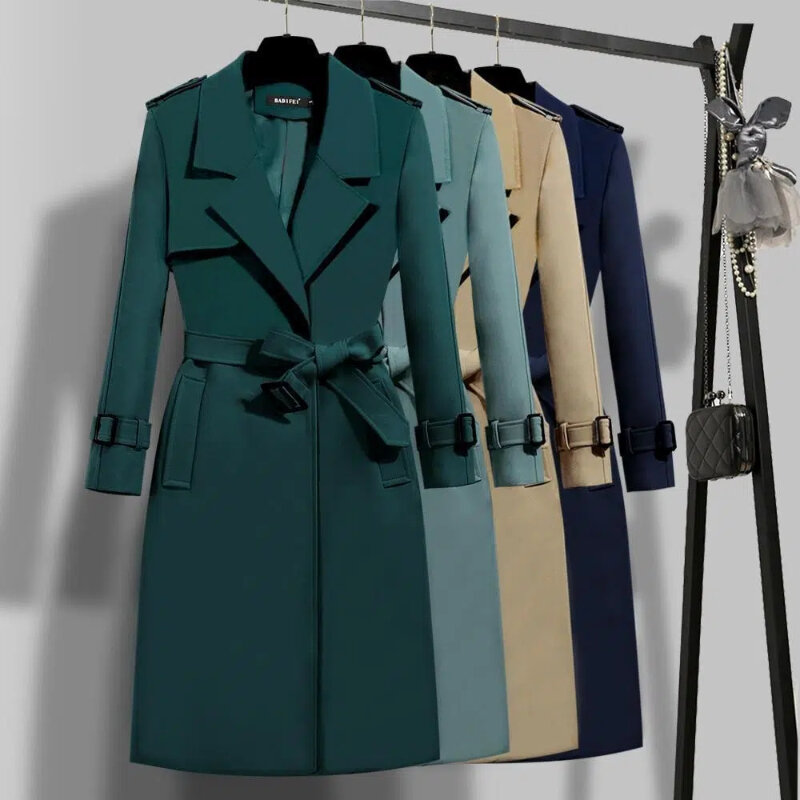 Mantel Trench panjang bertali untuk wanita, mantel kerja kantor warna polos berjajar satu kancing musim semi kerah lipat untuk wanita