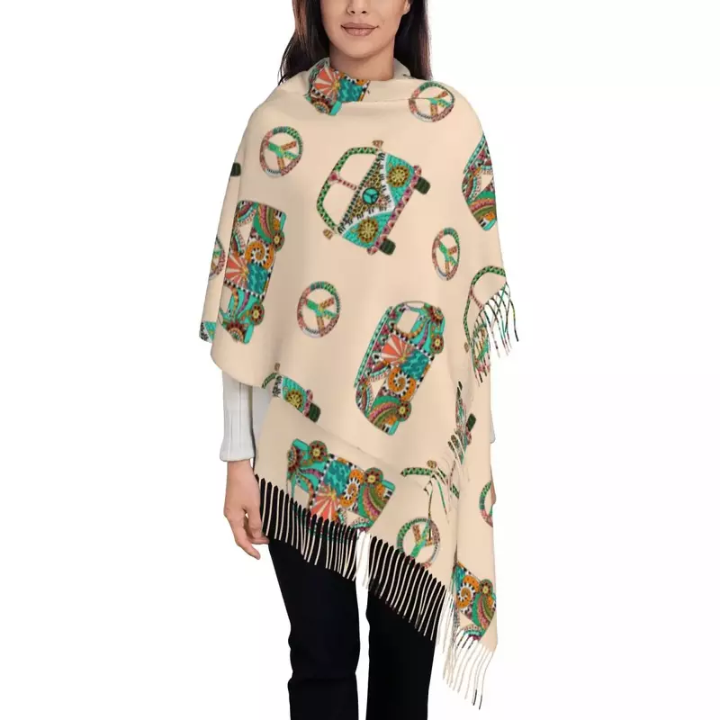 Bunte Hippie Camper Bus und Symbol Frieden Frauen warmen Winter Unendlichkeit Schals Set Decke Schal reine Farbe