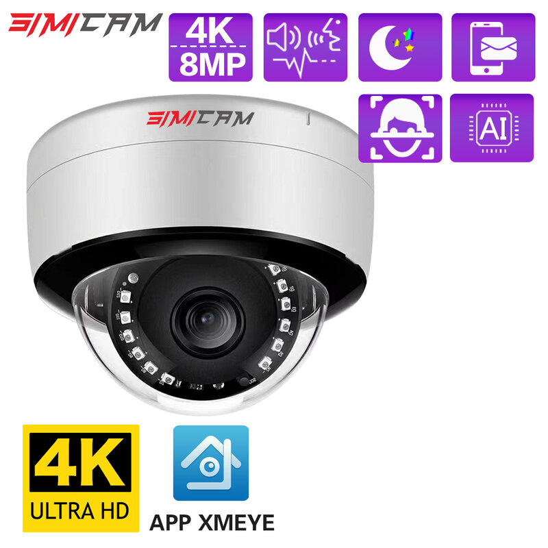 SIMICAM-cámara de vigilancia IP 4K de 8MP, domo impermeable con Audio Onvif, visión infrarroja HD de 4MP/5MP/8MP4K DC12V/POE48V, opcional