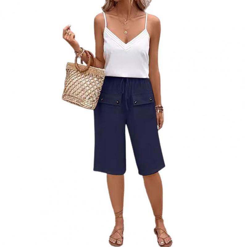Celana pendek wanita, celana panjang selutut gaya dengan tali serut pinggang elastis kancing depan untuk Kasual