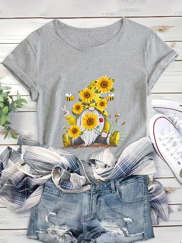 Sunflower & Dwarf Print Comfortable Crew Neck Running Sports T-shirt, Short Sleeve Casual Every Day Top, Women's Activewear