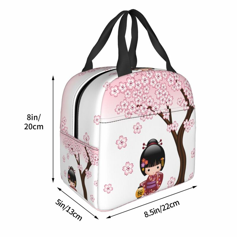 귀여운 만화 일본 기모노 게이샤 소녀 점심 가방 목각 인형 벚꽃 절연 쿨러 가방 도시락 음식 가방, 2023 신제품