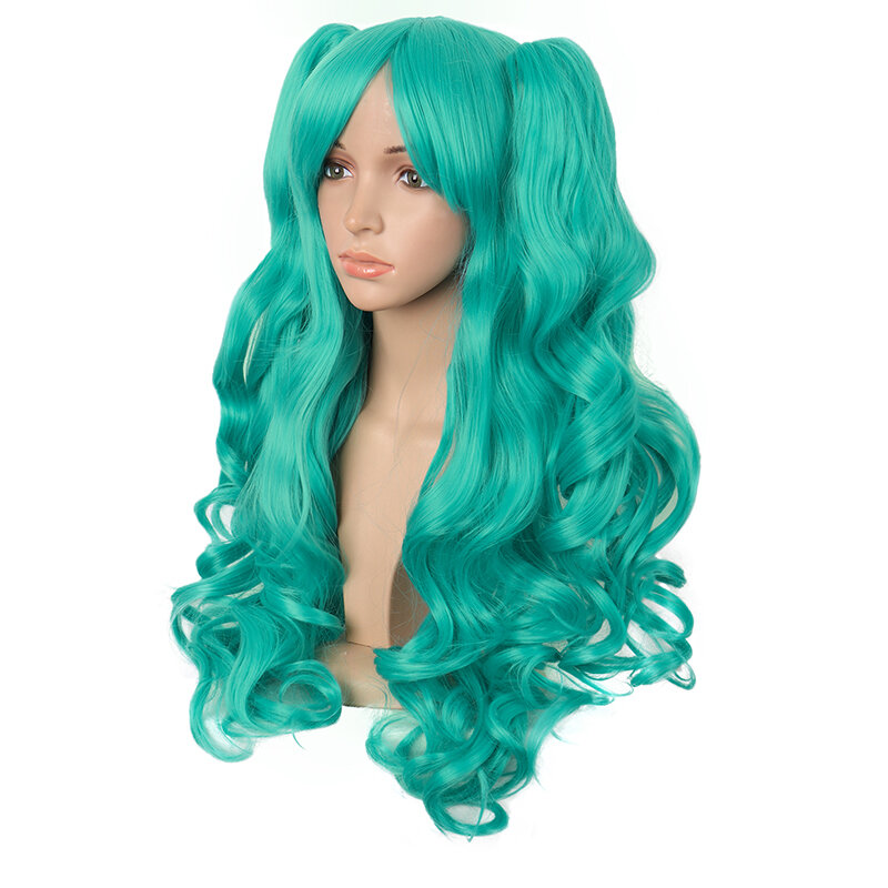 Cos peluca femenina larga y rizada Lolita Grip Pairs Cola de Caballo Big Wave Green Anime Full-Head