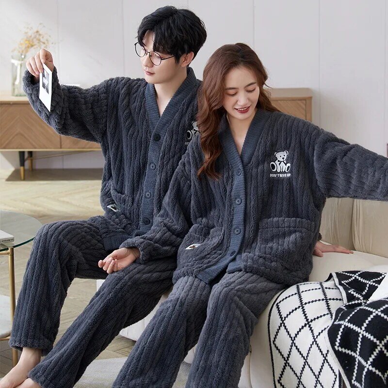 2022 Flannel Sleepwear New Women Men Winter Warm Fleece Couples Pajamas Set Lovers Nightgown Kimono Pijamas Home Clothes
