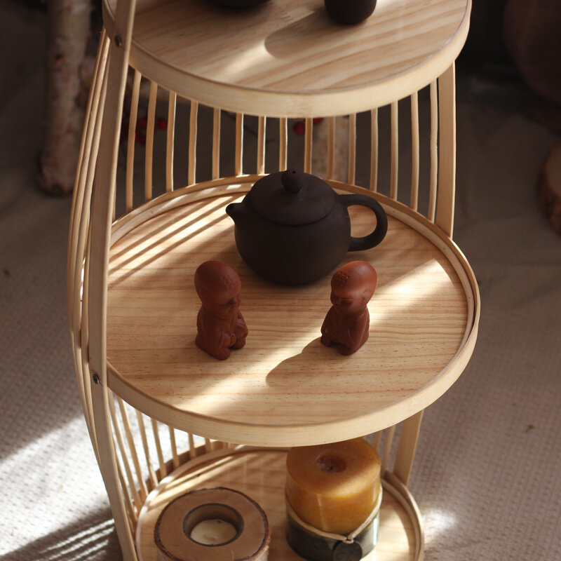 Mesa lateral de bambu minimalista, mesa de café de 2 camadas, armazenamento redondo Meubles, mobília do corredor, design moderno