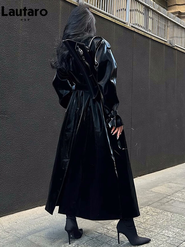 Lautaro Spring Autumn Extra Long Oversized Cool Reflective Shiny Black Paten Leather Trench Coat for Women Belt Runway Fashion