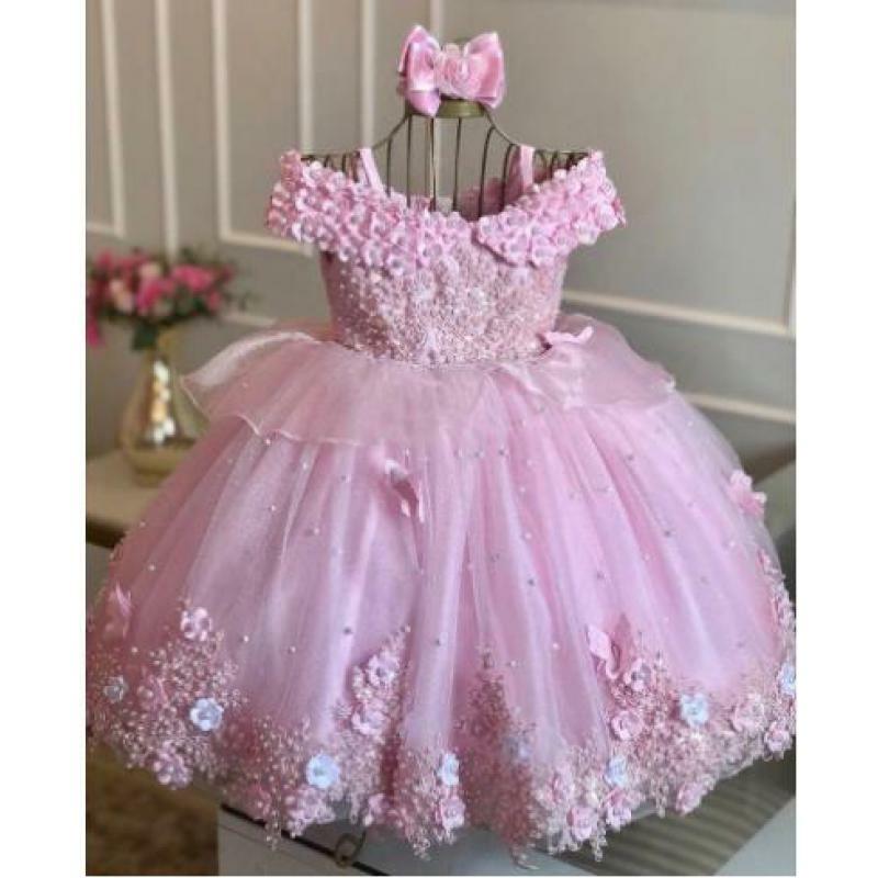 Платья для маленьких девочек с открытыми плечами и жемчугом, кружевное платье принцессы с бабочками и цветами, детское платье на первый день рождения, платье для причастия, подарок на Причастие