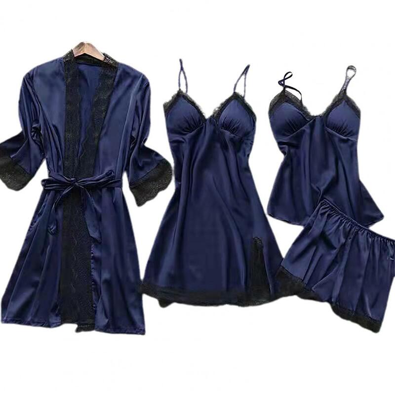 Conjunto de camisola com decote em v para mulheres, pijama elegante de renda, cardigã plissado, shorts combinando, roupas femininas, roupas de conforto