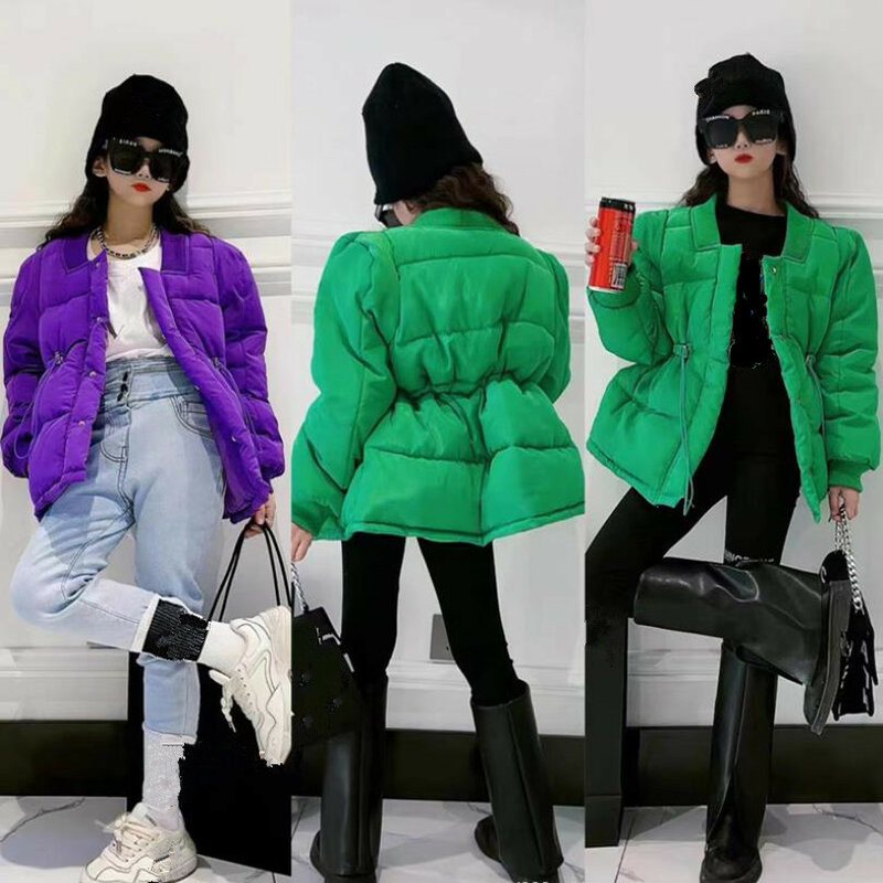 Bebê menina inverno nova moda casacos de algodão crianças verde e roxo quente roupa parka roupas adolescentes casacos de algodão wz495
