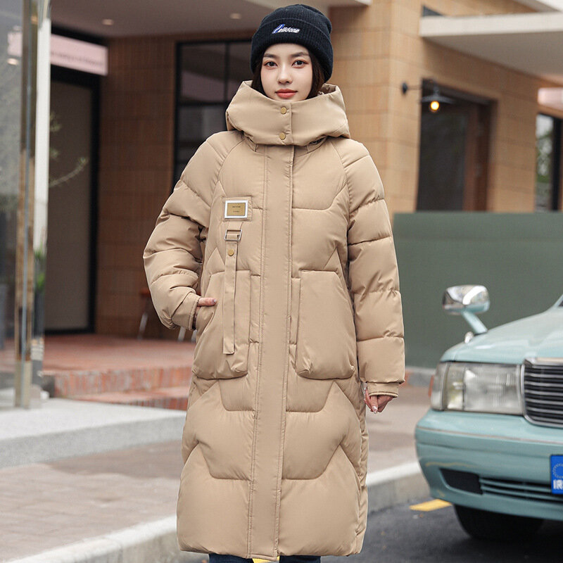 Jaket musim dingin Korea wanita, jaket parka musim dingin longgar berkerudung katun mode baru panjang selutut tebal hangat mantel katun wanita