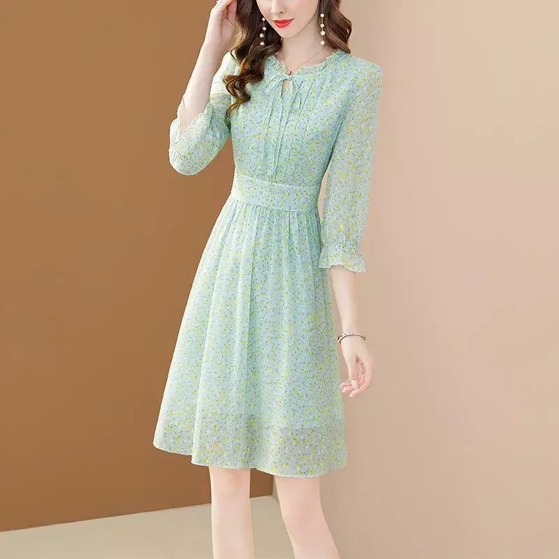 2024 New Spring and Summer Fashion Elegant Women's Dress Seven-point Sleeve Thin with Temperament Long Chiffon Skirt