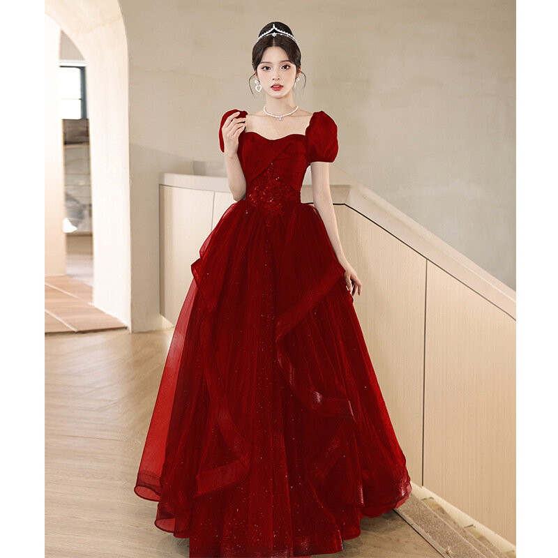 Burgundy Vintage Plus Size 3XL Dress Women's Wedding Engagement Party Dresses Fashion Elegant Temperament Gauze Vestidos