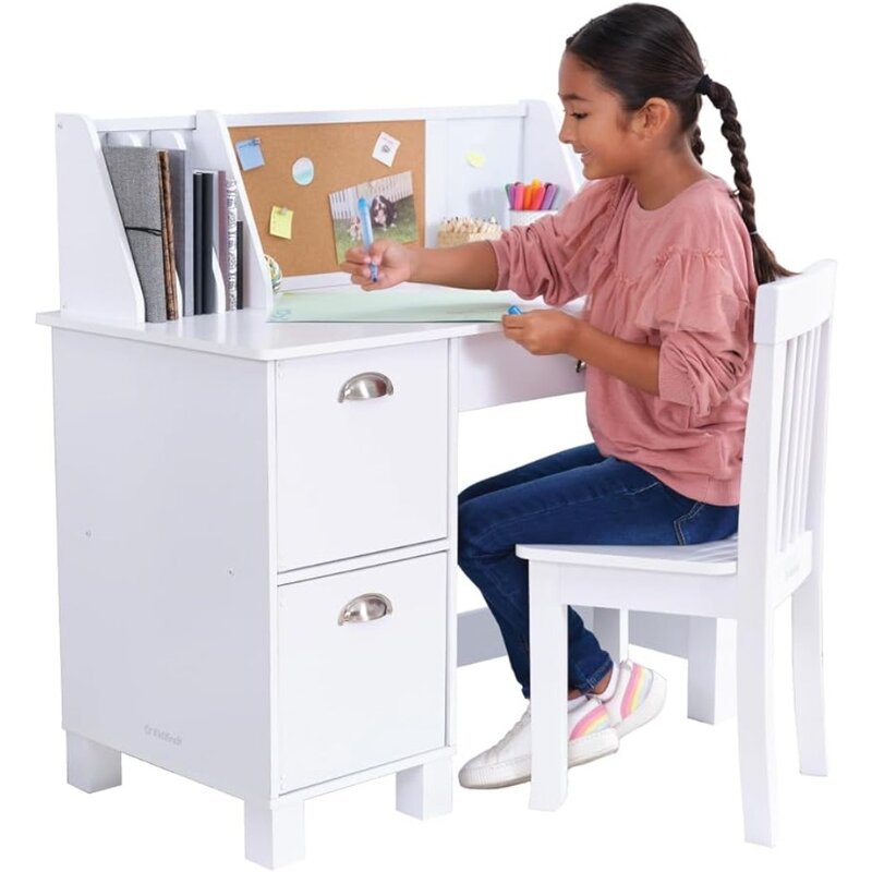 Study Desk for Children With Chair Children's Table Bulletin Board and Cabinets White Furniture