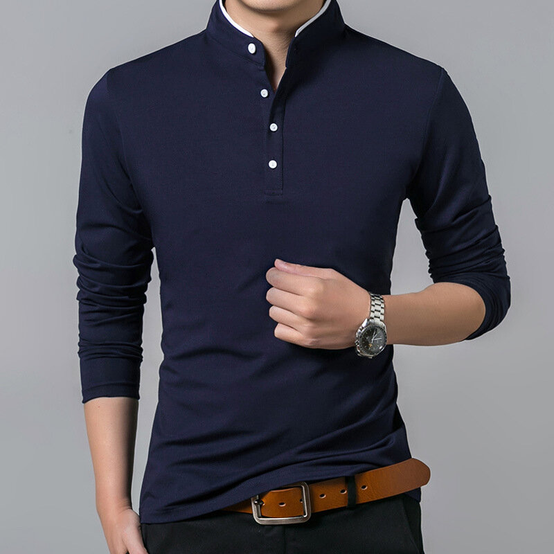 Men's Business Casual Polo Long Sleeve T-shirt Summer Comfortable and Breathable Solid Cotton Top