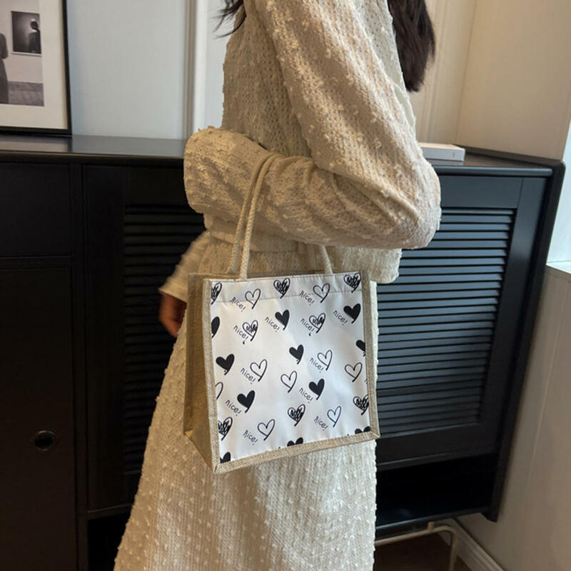 New Love Handbag Linen Handbag Lunch Box Bag Japanese Cosmetic Portable Shopping Bag Versatile Casual Women'S Bags Drop Shipping