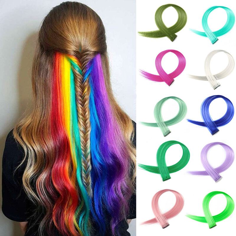 Extensions de cheveux synthétiques à reflets colorés, postiches longues et droites arc-en-ciel, violet, rose, bleu, femmes et enfants, filles, 22 po