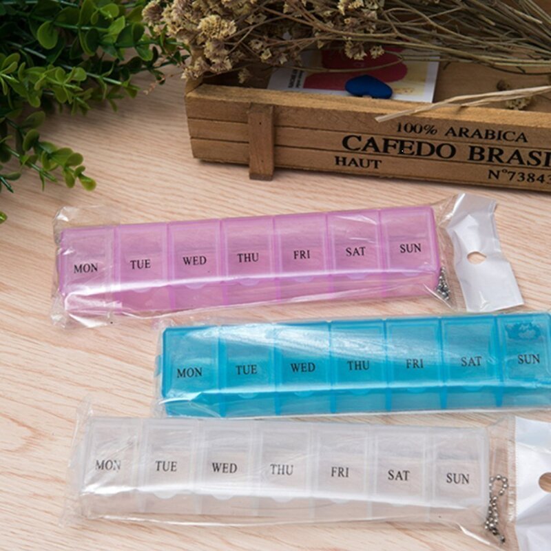 Caixa plástica do comprimido, caixa de armazenamento da medicina, portátil, pequeno, três cores, separação da medicina, 7 dias
